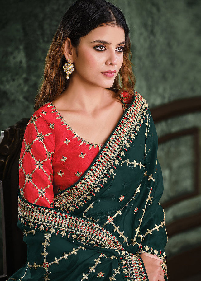 Teal Green and Red Embroidered Saree