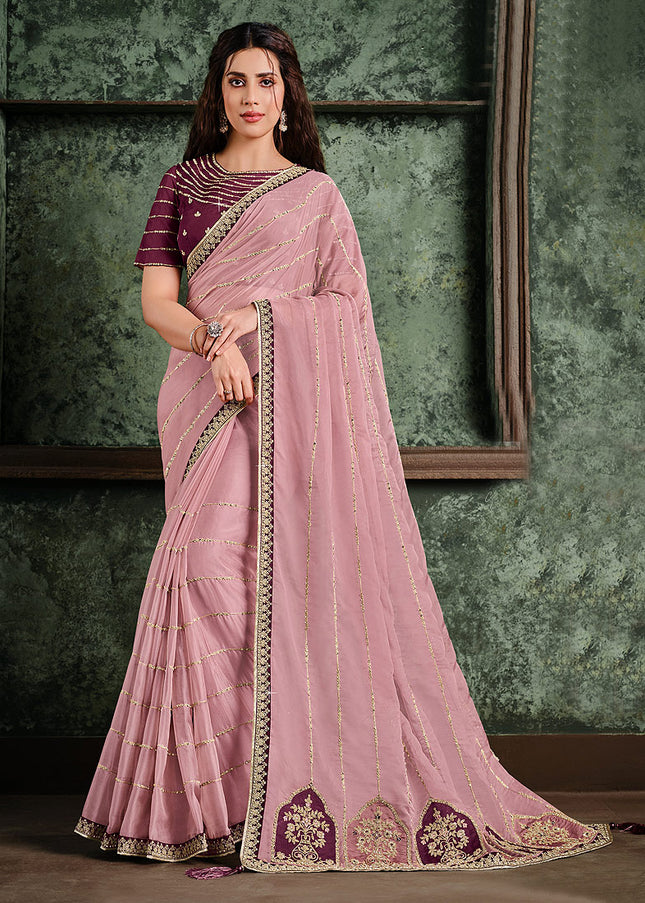 Pink and Magenta Embroidered Saree
