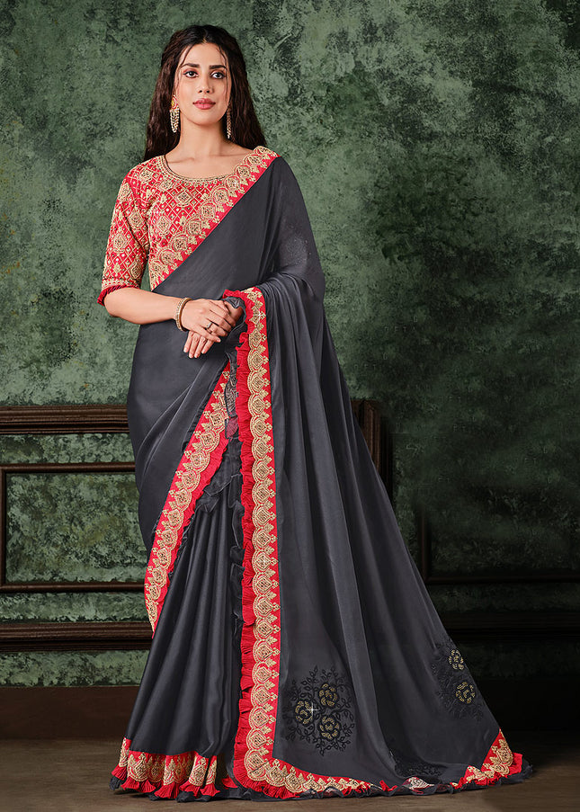 Grey and Red Embroidered Saree