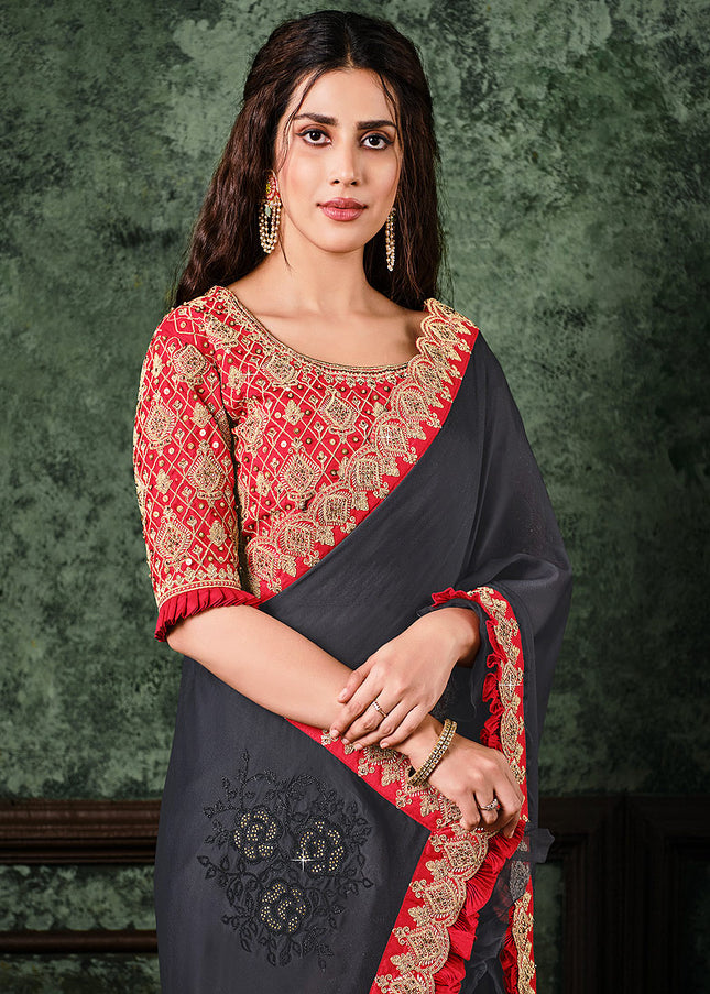 Grey and Red Embroidered Saree