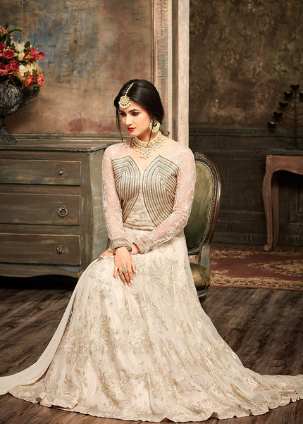 Offwhite and Gold Embroidered Anarkali
