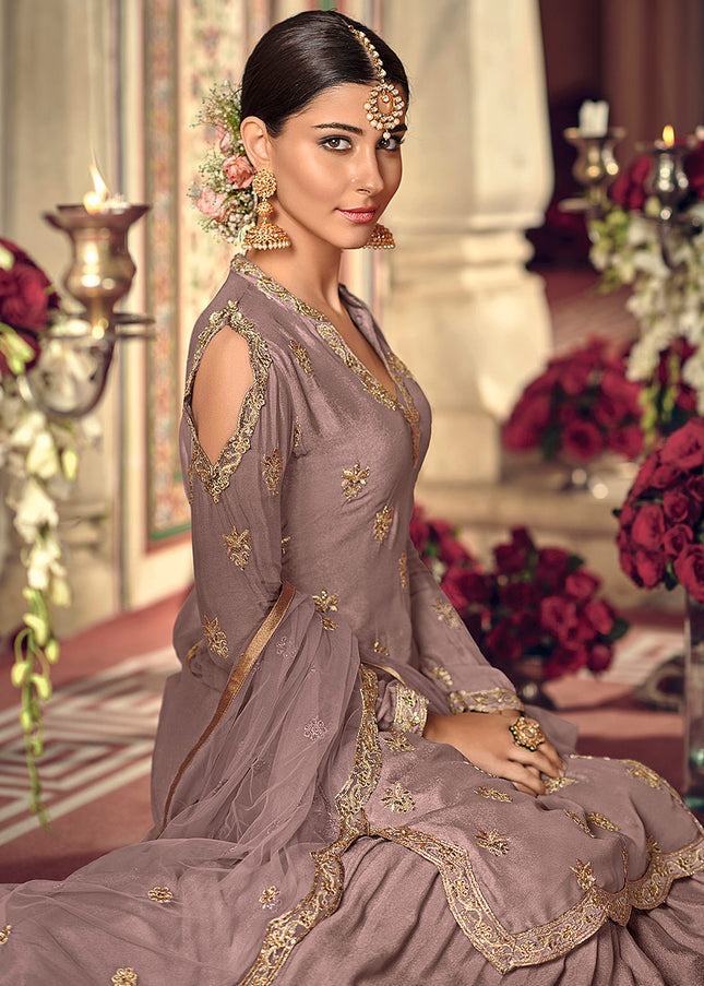 Mauve and Gold Embroidered Gharara Suit