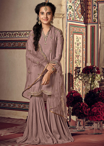 Mauve and Gold Embroidered Gharara Suit