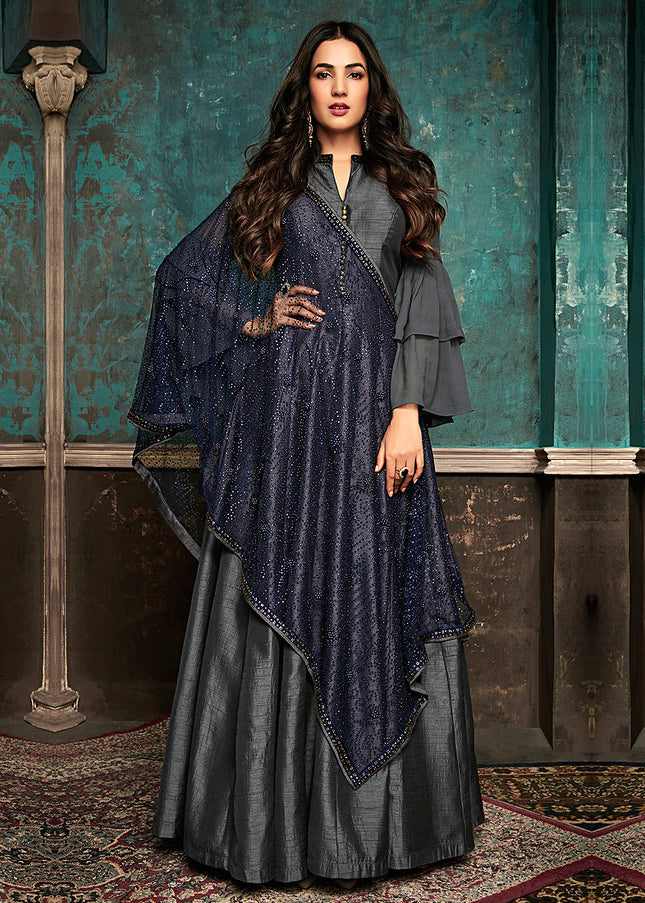 Grey and Blue Embroidered Anarkali