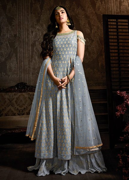 Blue Grey and Gold Embroidered Sharara Suit