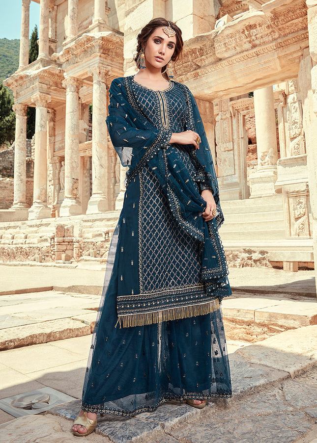 Blue and Gold Embroidered Palazzo Suit