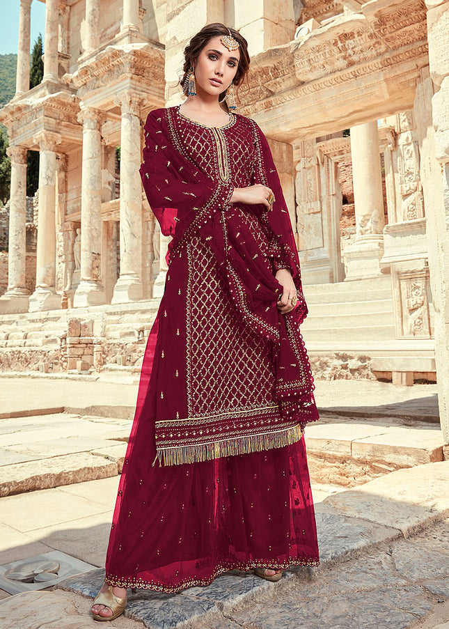 Red and Gold Embroidered Palazzo Suit