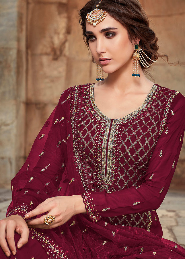 Red and Gold Embroidered Palazzo Suit