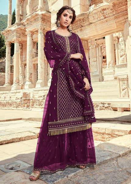 Purple and Gold Embroidered Palazzo Suit