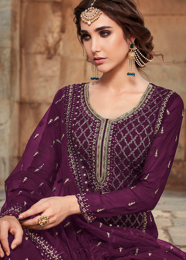 Purple and Gold Embroidered Palazzo Suit