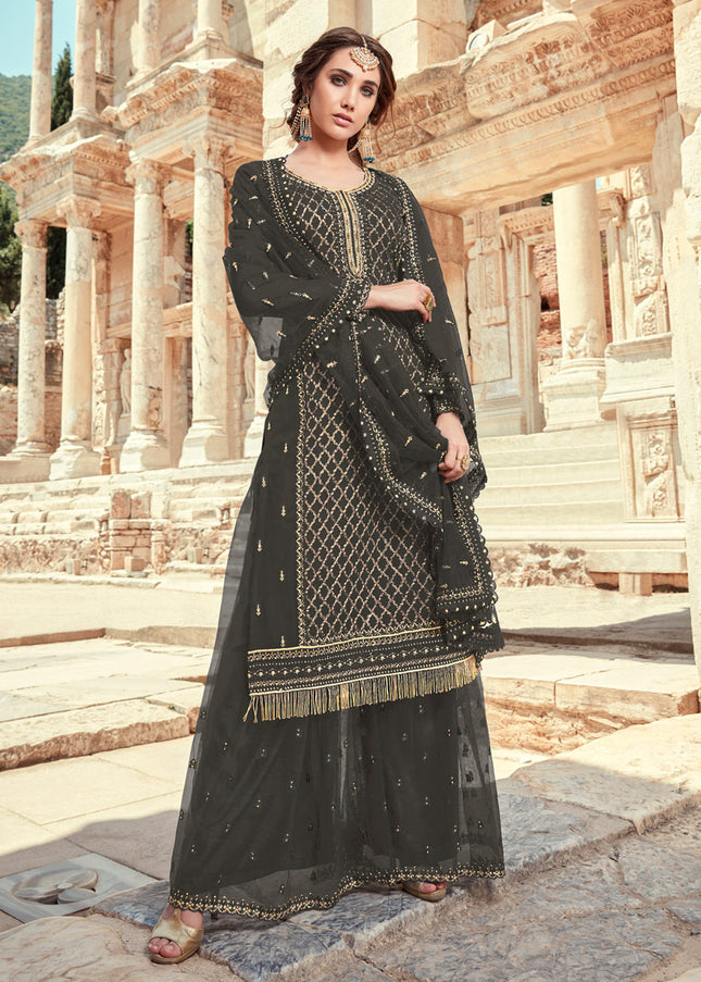 Grey and Gold Embroidered Palazzo Suit