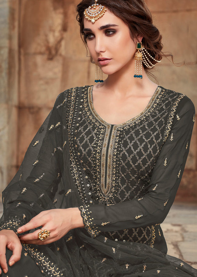 Grey and Gold Embroidered Palazzo Suit