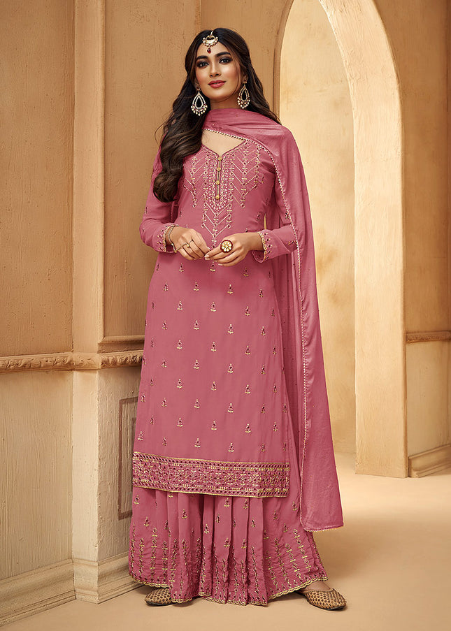 Pink and Gold Embroidered Palazzo Suit