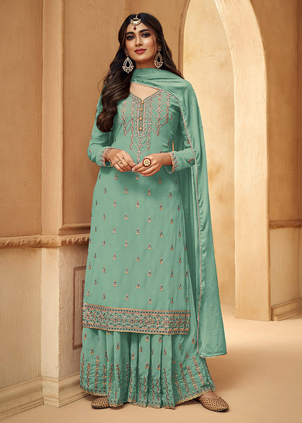 Aqua Blue and Gold Embroidered Palazzo Suit