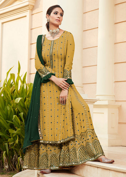 Yellow and Green Embroidered Palazzo Suit