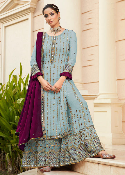 Sky Blue and Purple Embroidered Palazzo Suit