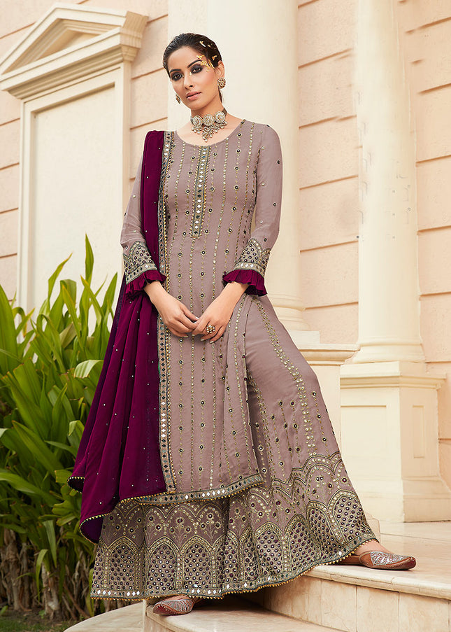 Mauve and Purple Embroidered Palazzo Suit