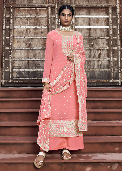 Light Pink and Gold Embroidered Palazzo Suit