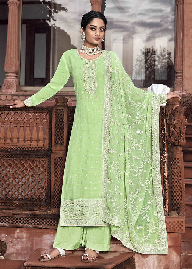Light Green and Gold Embroidered Palazzo Suit