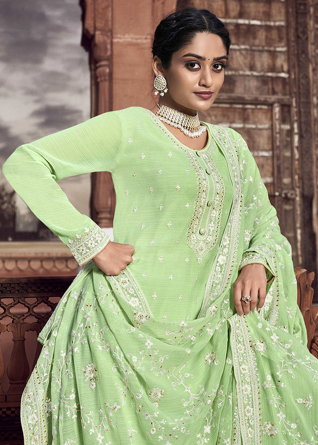 Light Green and Gold Embroidered Palazzo Suit