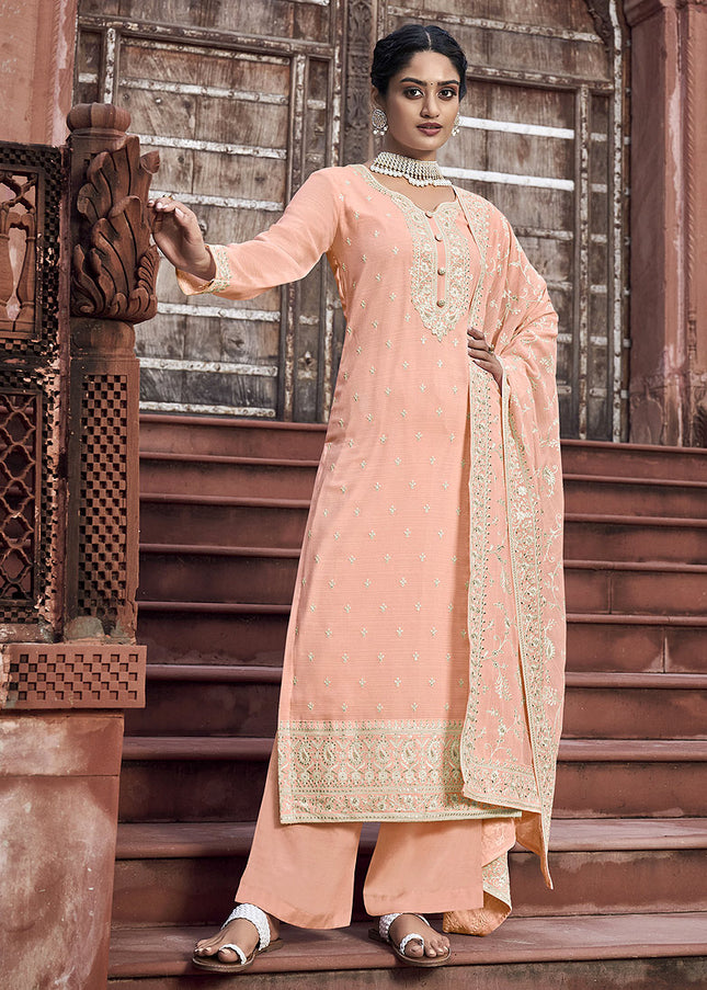 Peach and Gold Embroidered Palazzo Suit
