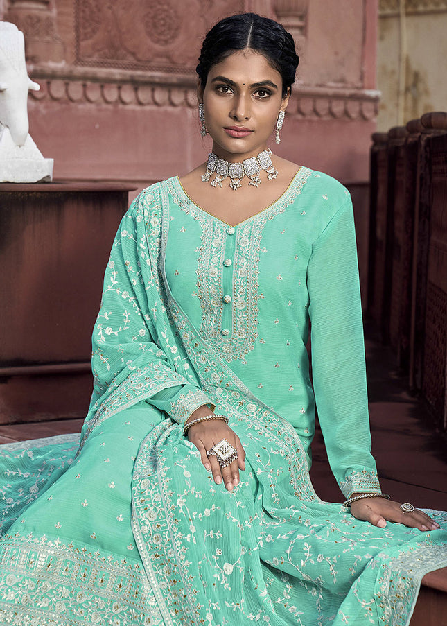 Aqua and Gold Embroidered Palazzo Suit