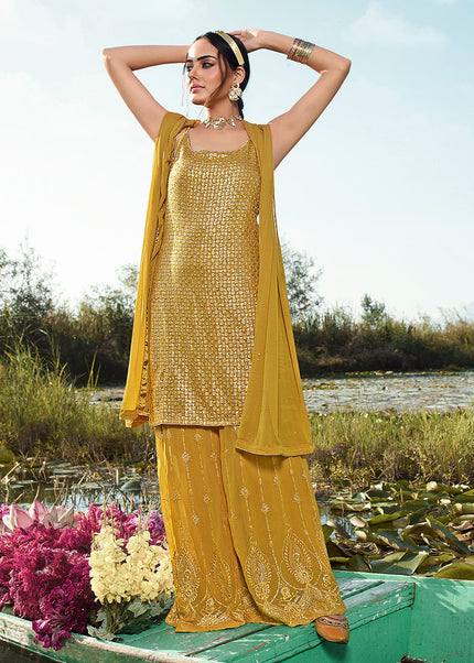Mustard Yellow Embroidered Palazzo Suit