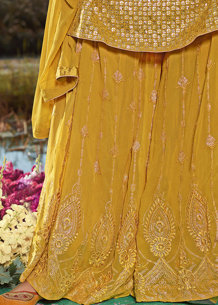 Mustard Yellow Embroidered Palazzo Suit