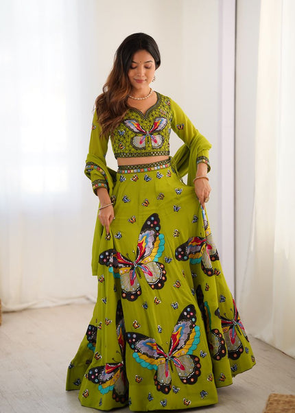 Parrot Green Embroidered Lehenga Choli