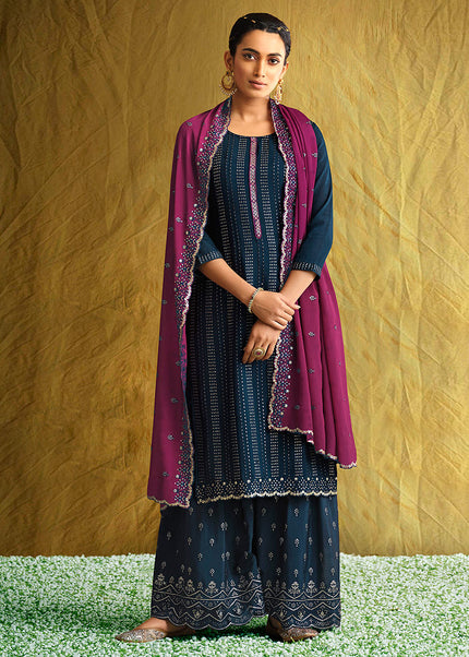 Blue and Pink Embroidered Gharara Suit