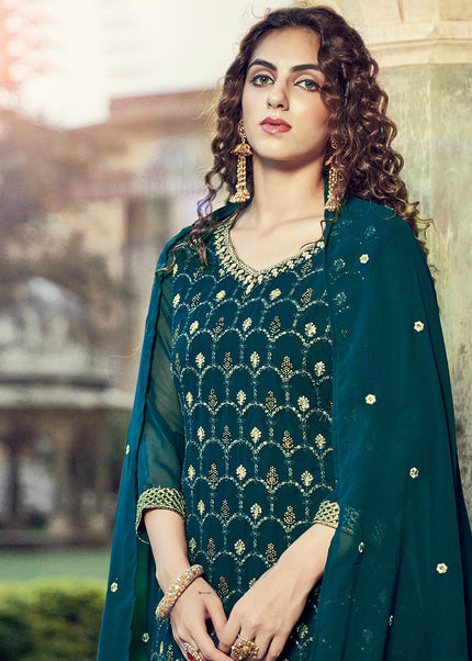Teal Green and Gold Embroidered Palazzo Suit