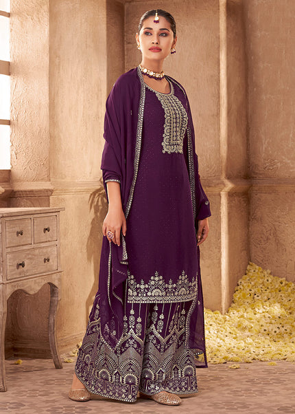 Purple and Gold Embroidered Palazzo Suit