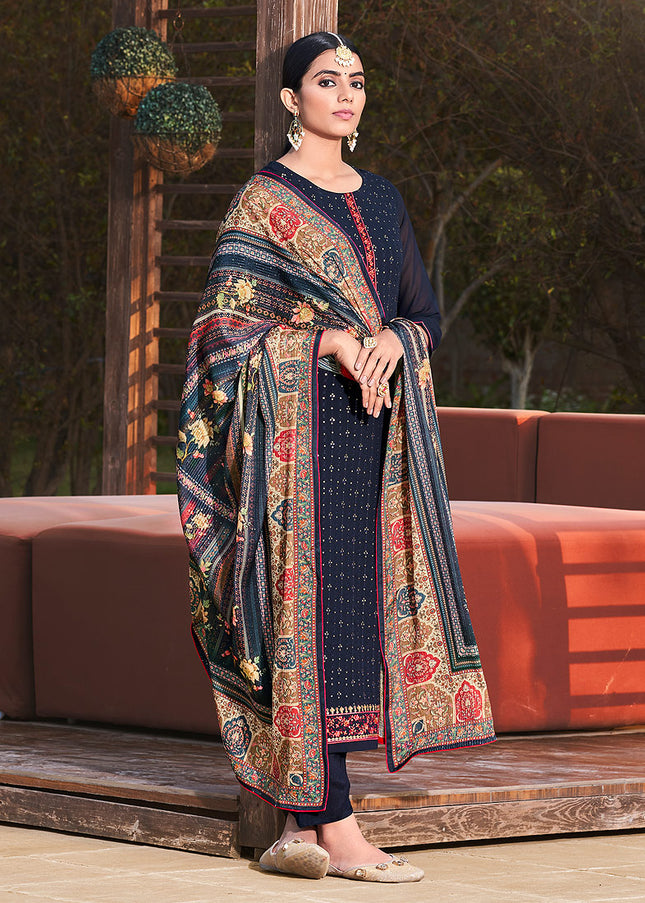 Blue and Gold Embroidered Pant Style Suit