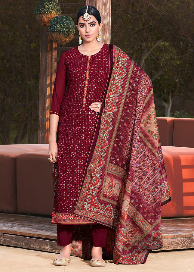 Maroon and Gold Embroidered Pant Style Suit