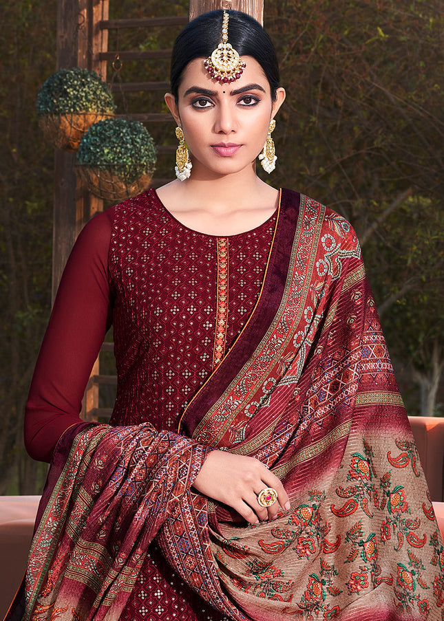 Maroon and Gold Embroidered Pant Style Suit