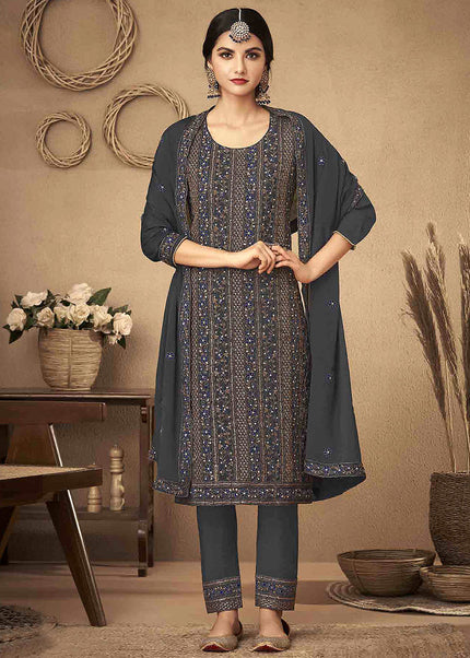 Grey and Gold Embroidered Pant Style Suit