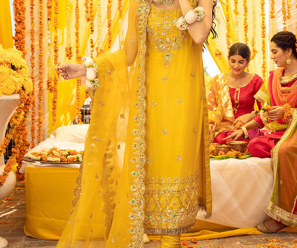 Bridal Mehndi Wear Yellow Anarkali Pishwas n Pajama