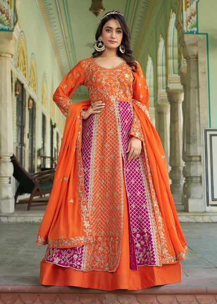 Orange and Pink Embroidered Lehenga Anarkali