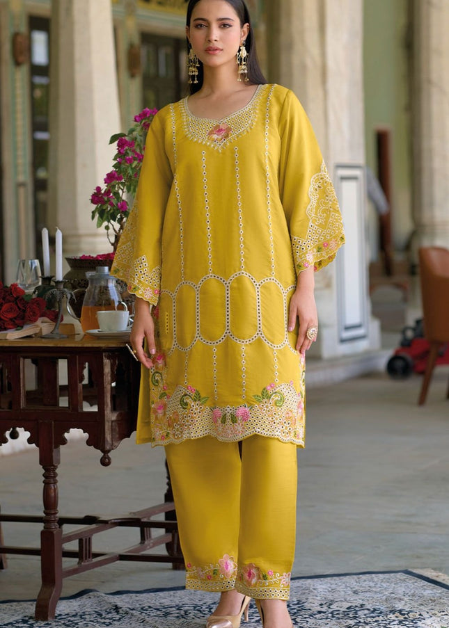 Mustard Yellow Embroidered Pant Style Suit