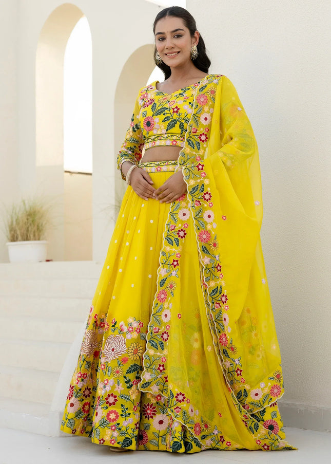 Yellow Floral Embroidered Lehenga Choli