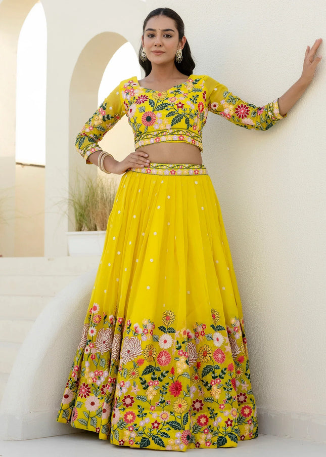 Yellow Floral Embroidered Lehenga Choli