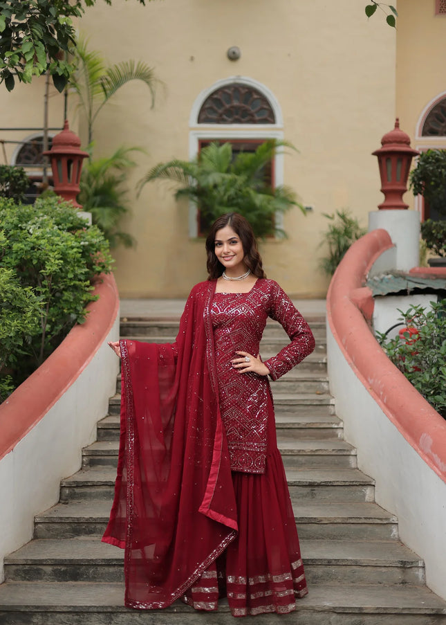 Maroon Embroidered Gharara Suit