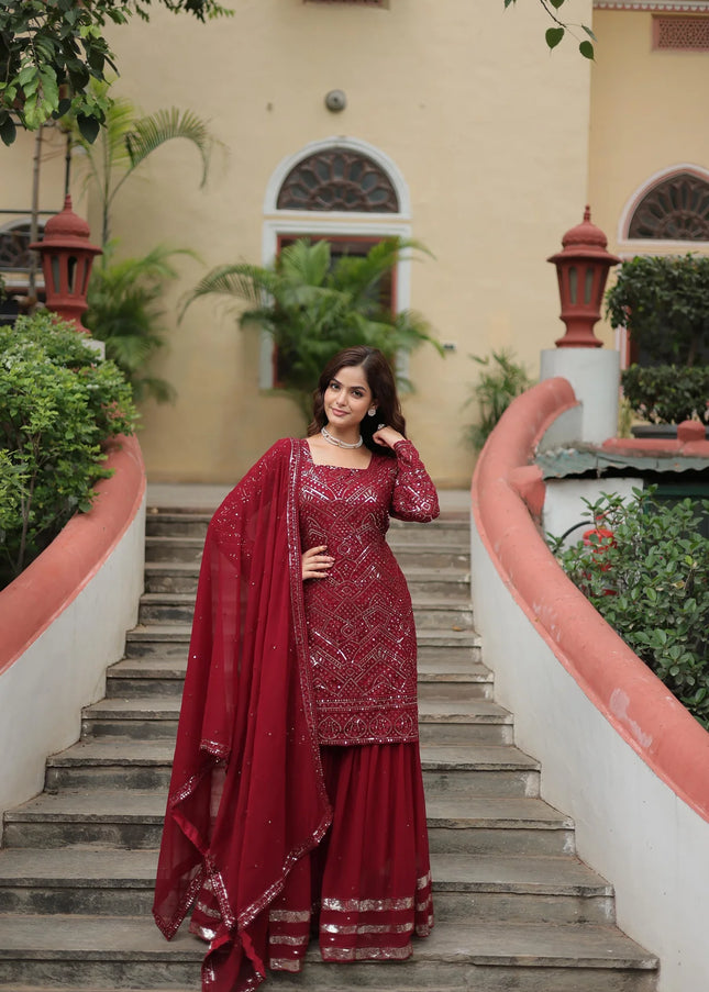 Maroon Embroidered Gharara Suit