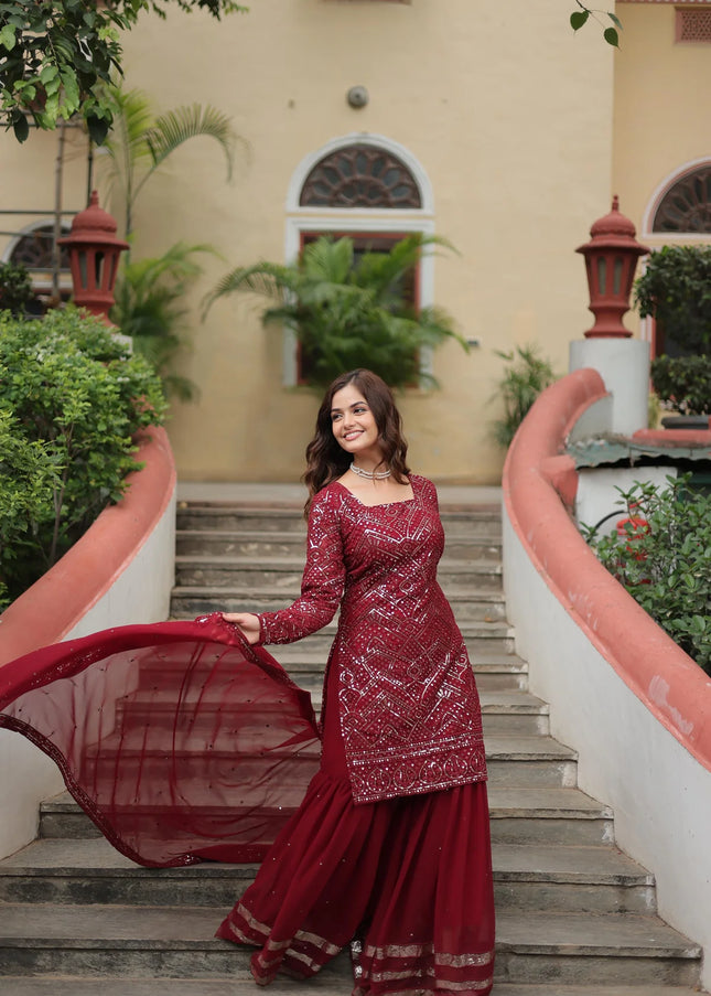 Maroon Embroidered Gharara Suit