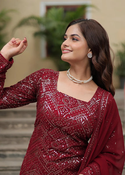 Maroon Embroidered Gharara Suit