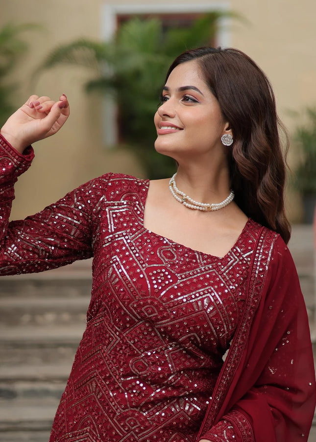 Maroon Embroidered Gharara Suit
