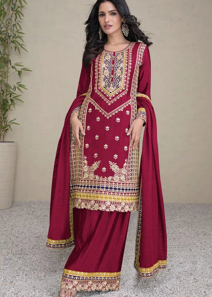 Maroon Embroidered Palazzo Suit