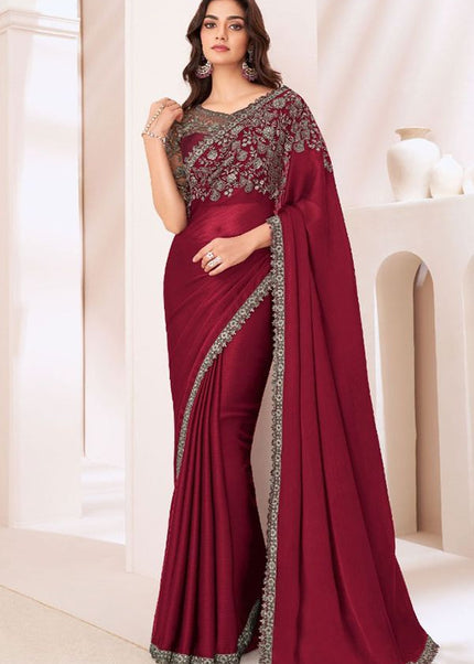 Maroon Embroidered Saree