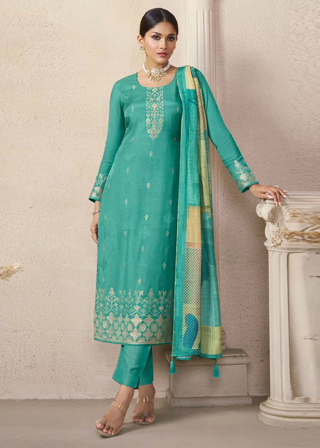 Turquoise Embroidered Pant Suit