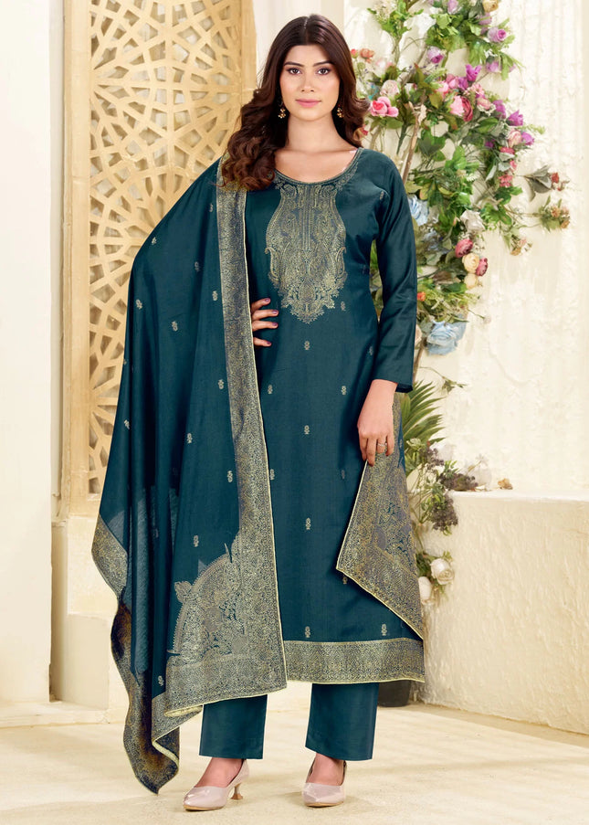 Teal Embroidered Pant Suit